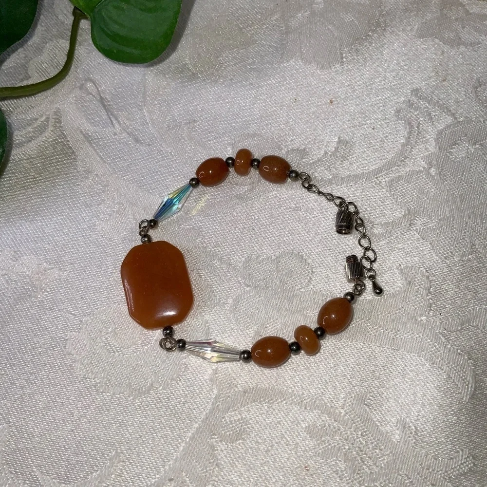 Carnelian Burnt Orange Gemstone Crystal & Silver Bracelet 7”